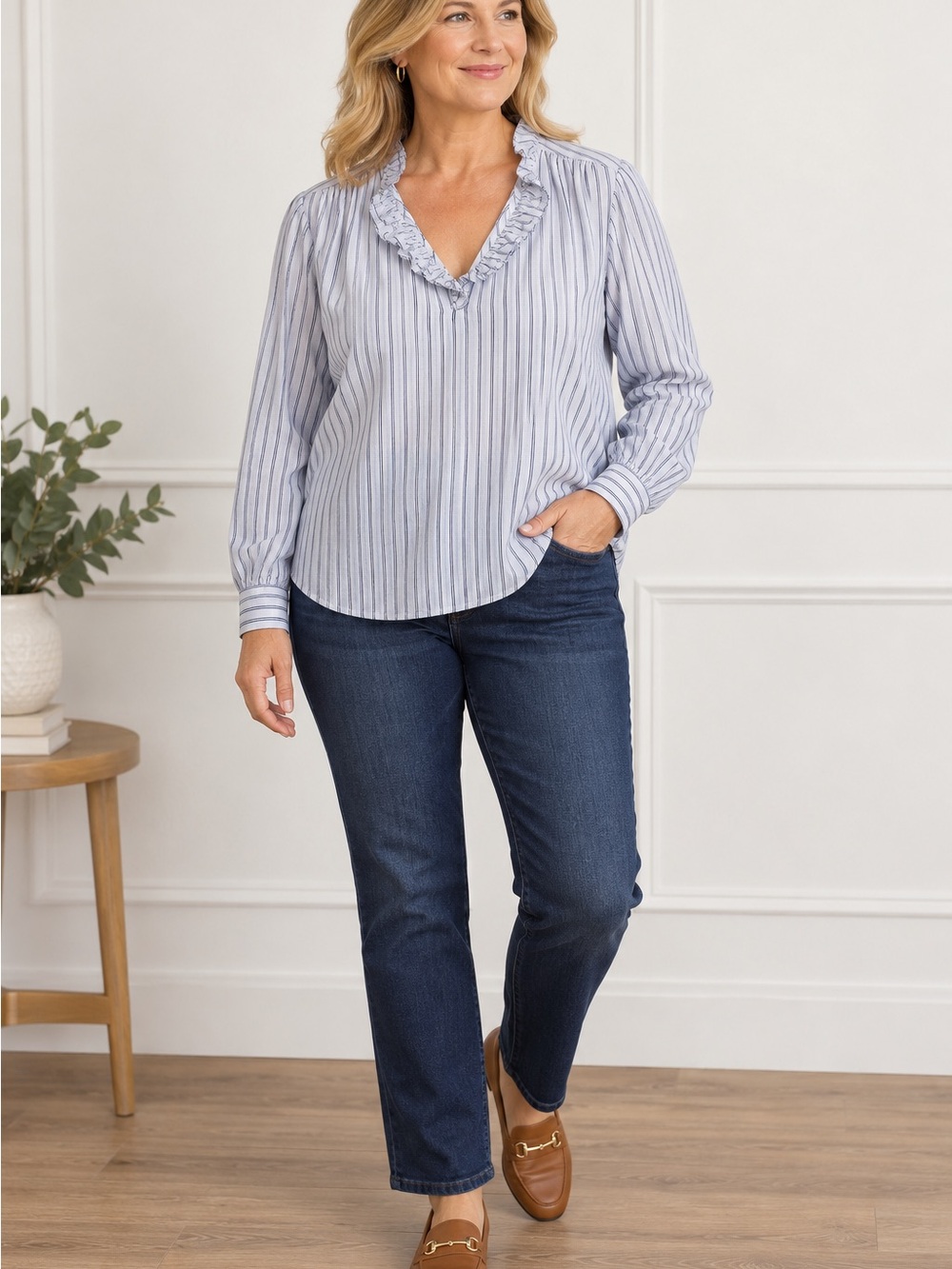 St John’s Bay Women’s Sz XL Blue White Striped Ruffle V Neck Long Sleeve Blouse